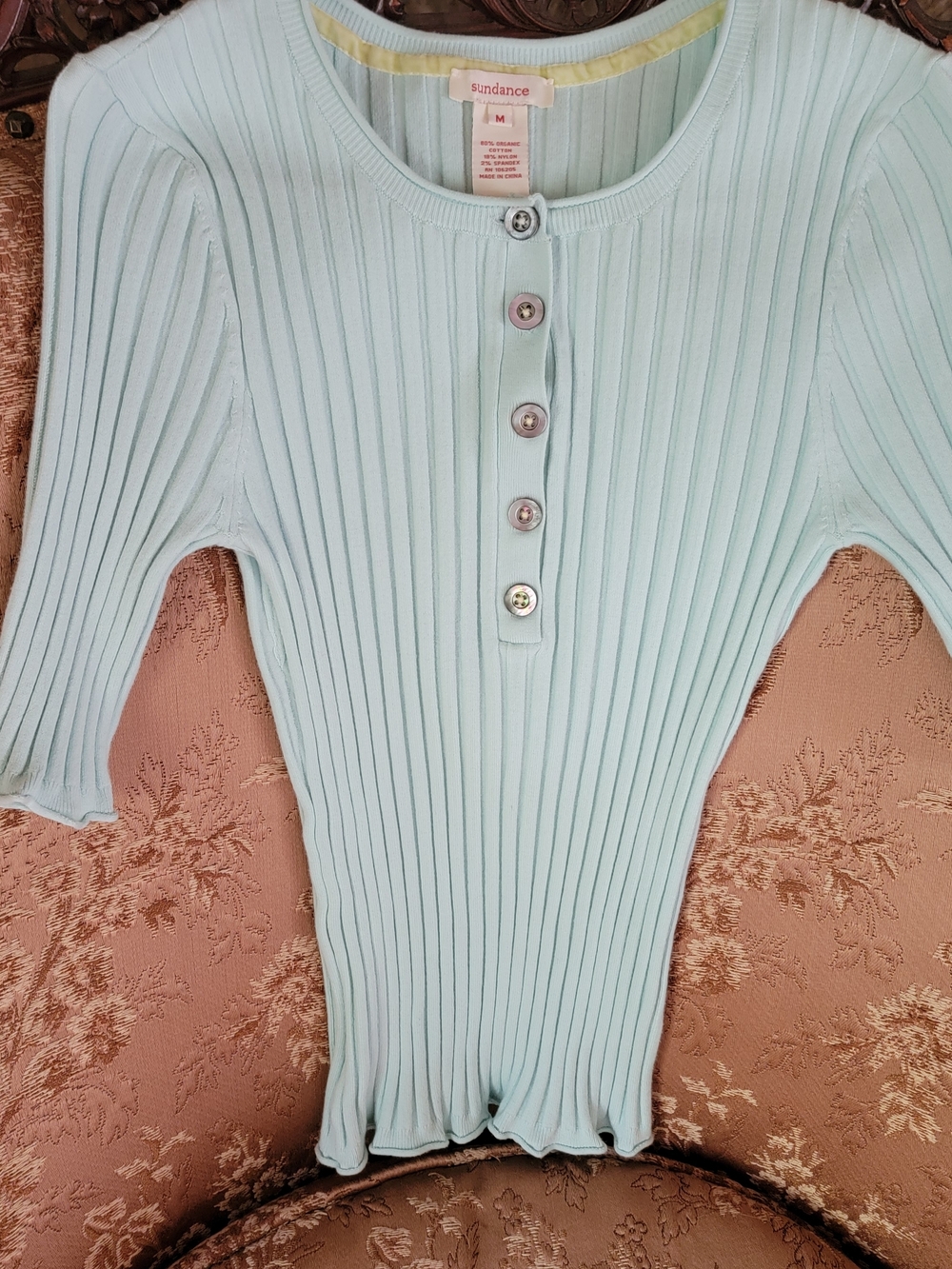 Sundance Mint Ribbed Henley Short Sleeve Top